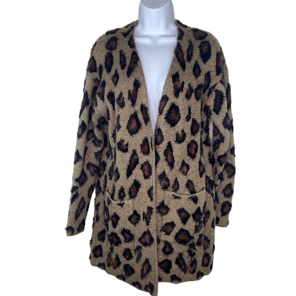 MK Metric Knits Leopard Print Fuzzy Ultra Soft Cardigan Sweater Brown Size M